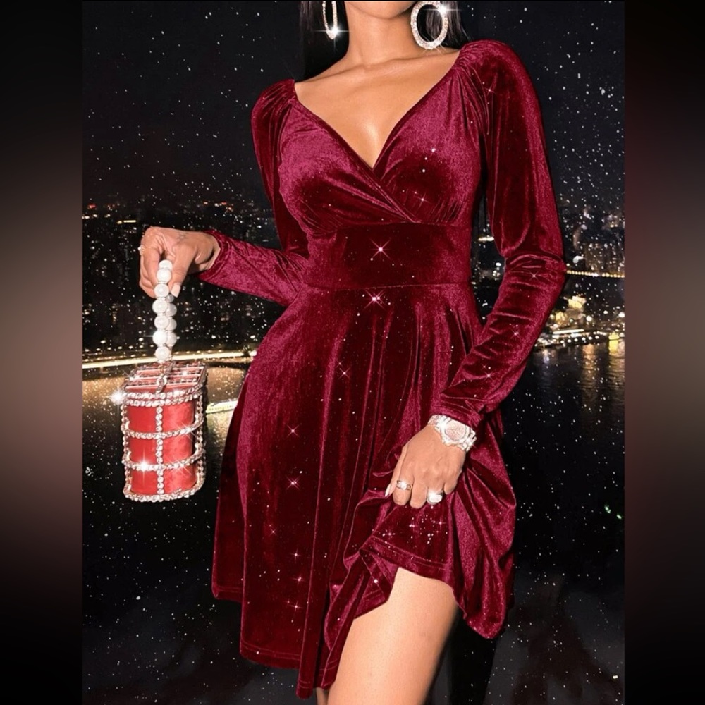 SXY Surplice Neck Velvet A-line Dress